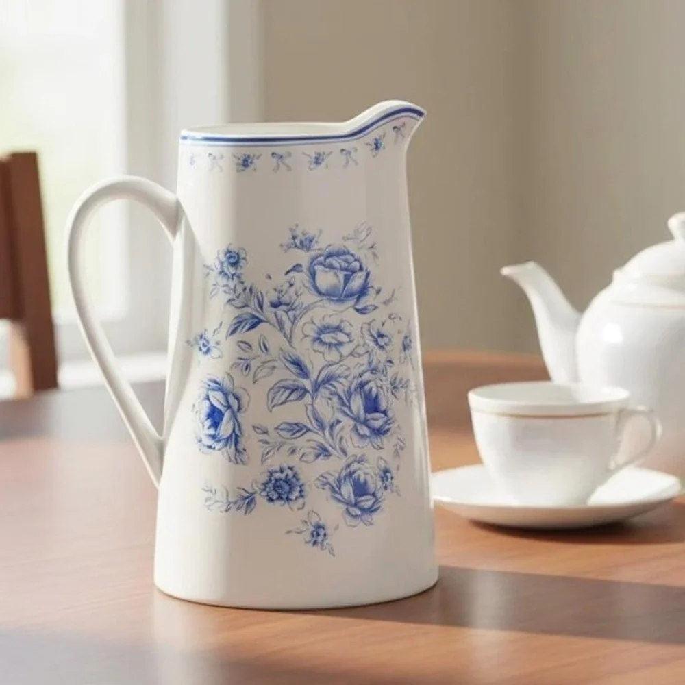 My Texas House Blue White Floral Stoneware Pitcher 3qt Toile Americana‎ Decor